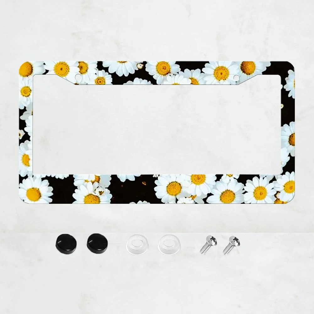 

White Daisy Pattern 2 Hole Aluminum License Plate Frame 6x12 Inches with Screw Set Cartoon Interesting Car Decoration Gift