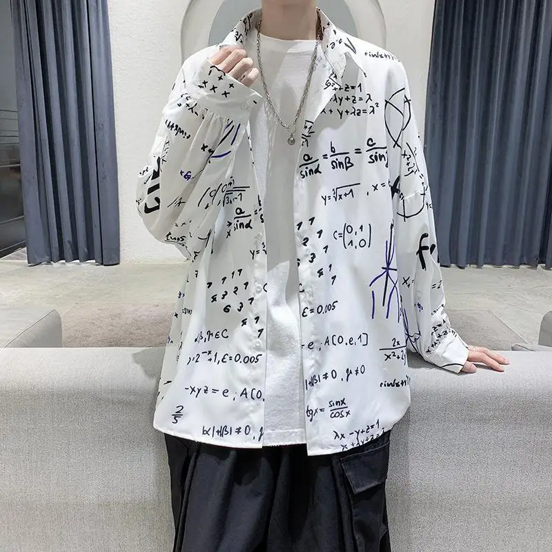 Streetwear Street Casual Mann koreanische lose Tops Turn-Down-Kragen schöne Druck knopf Hemden Langarm Herren bekleidung