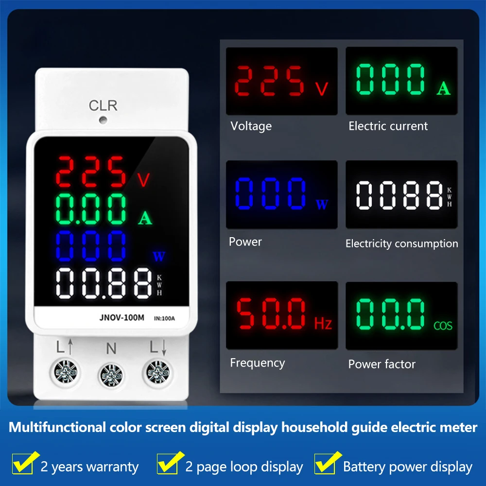 6IN1 Din Rail AC 70-270V 100A Voltage Current KWH Electric Energy Frequency Monitor Meter Voltmeter Ammeter Wattmeter 110V 230V