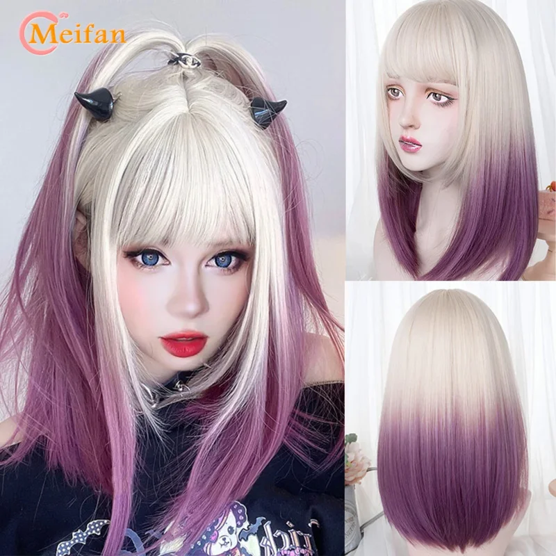 Meifan synthetic green black purple middle length wig straight Lolita wigs cosplay wigs heat resistant hair anime party hair