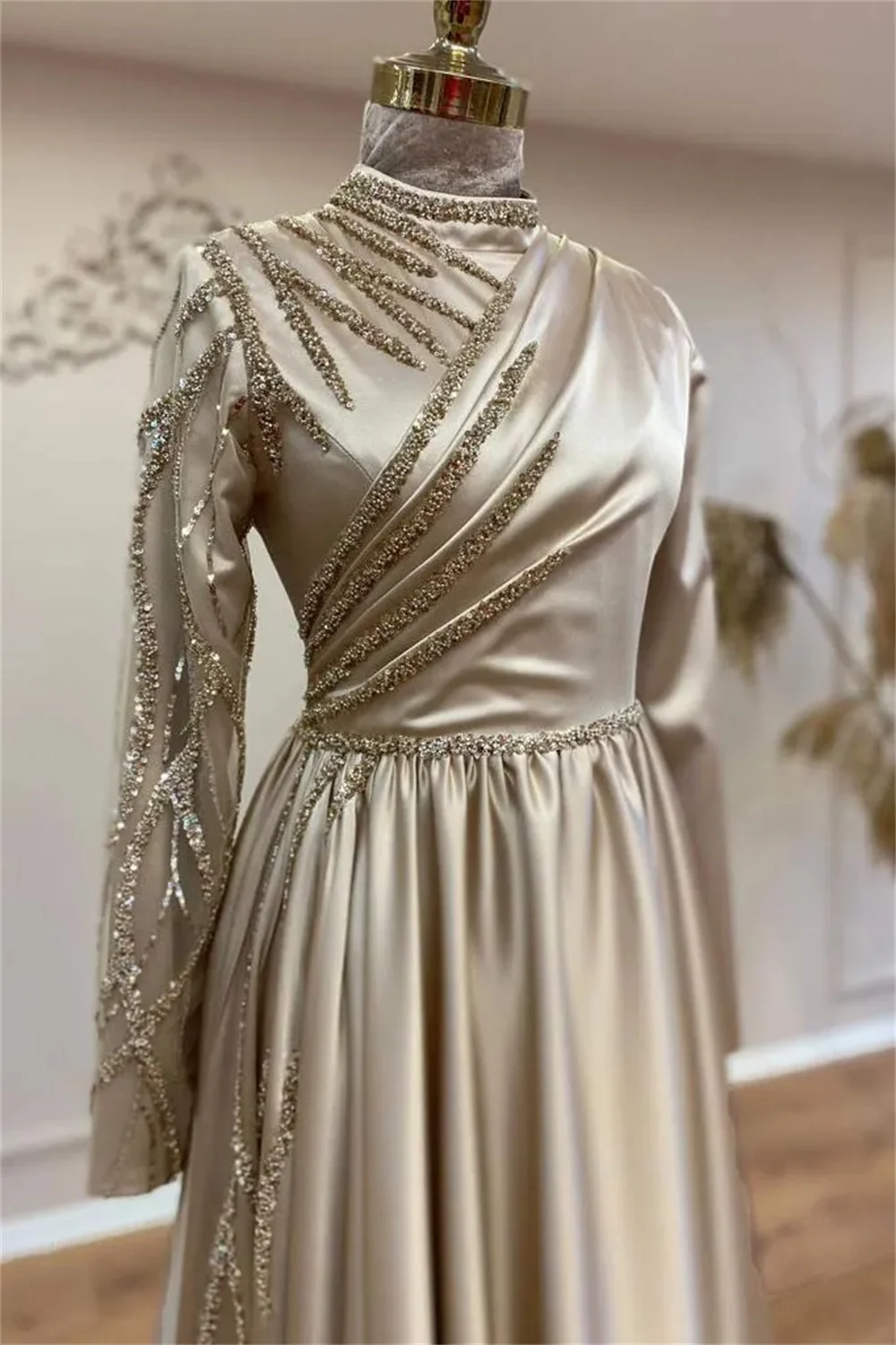 Amanda Modest Long Sleeve فساتين سهرة Luxurious Satin A-line Vestidos De Fiesta Light Champagne Elegant  Porm Dresses 2024