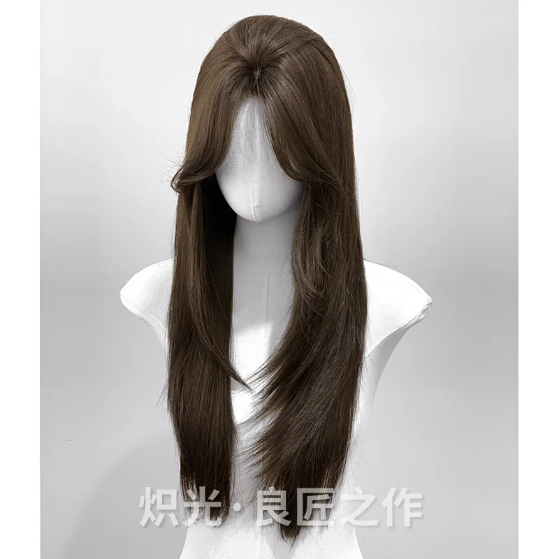 Cold brown women's long hair wig, middle parting, natural and stylish, layered, with a sense of atmosphere, full head cover