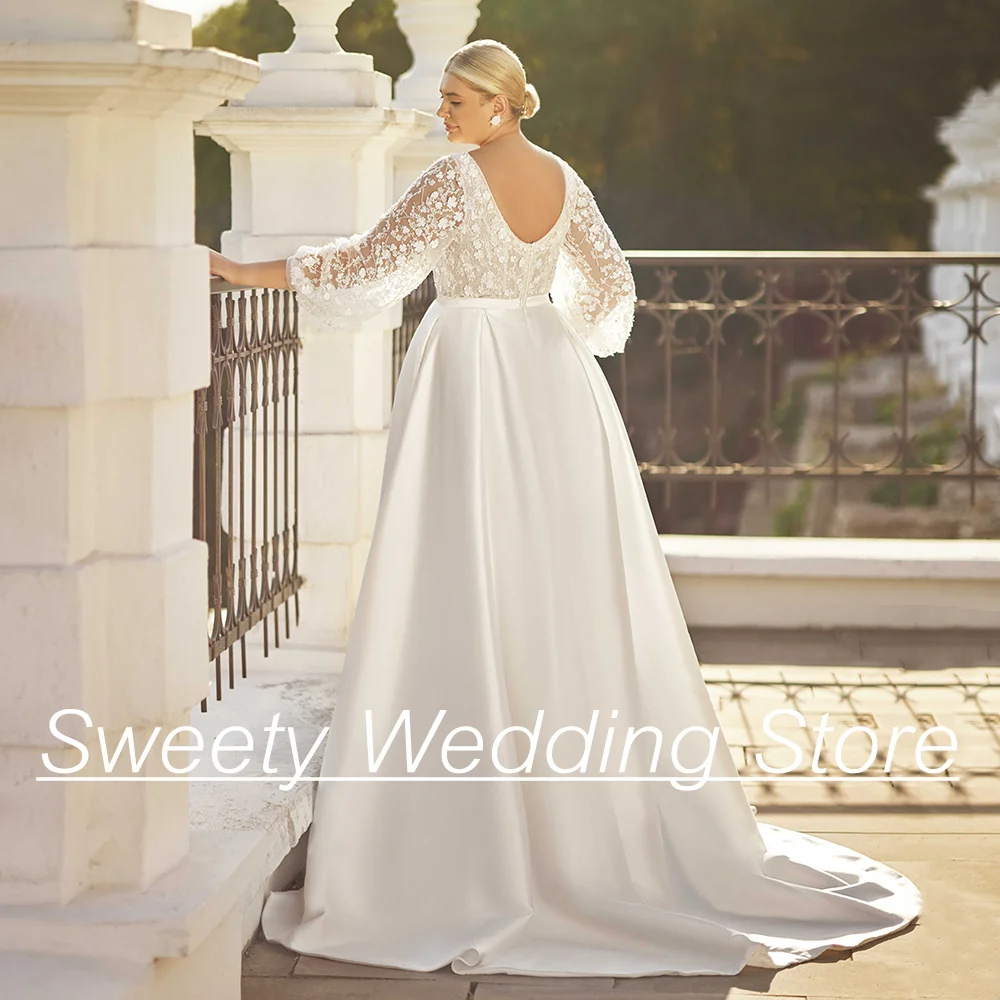 2024 Plus Size Wedding Dresses Classic Satin Bridal  Puff Sleeves V Neck Beading Sequined A Line Bride Gown with Pockets