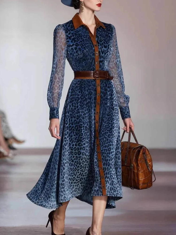 فستان نسائي شبكي مطبوع عليه الفهد، فستان كولوربلوك بياقة طية صدر السترة وصدر واحد شفاف من خلال فستان أنيق عتيق بأكمام طويلة