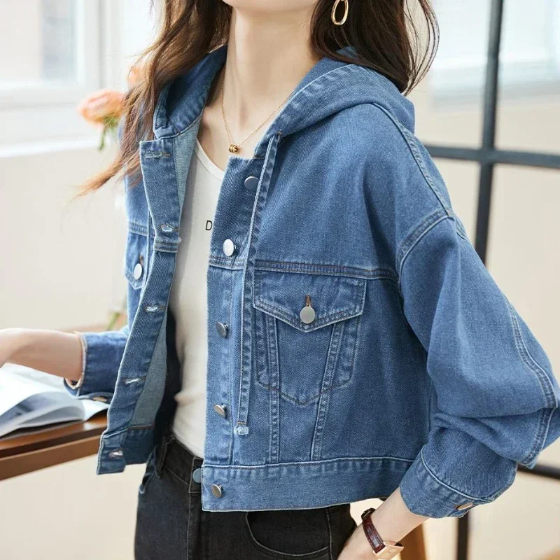 New Hooded Small Women's Denim Jackets Outerwears Female Jeans Coat Spring Autumn Plain Blue Short on Offer with Elegant Classy