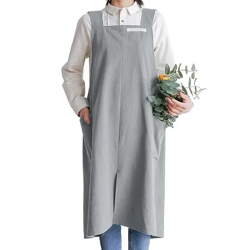 Kitchen Washable Cotton Linen Cross Back Apron with Pockets, Long Split Pinafore for Cooking, Cleaning and Baking, Men and Women