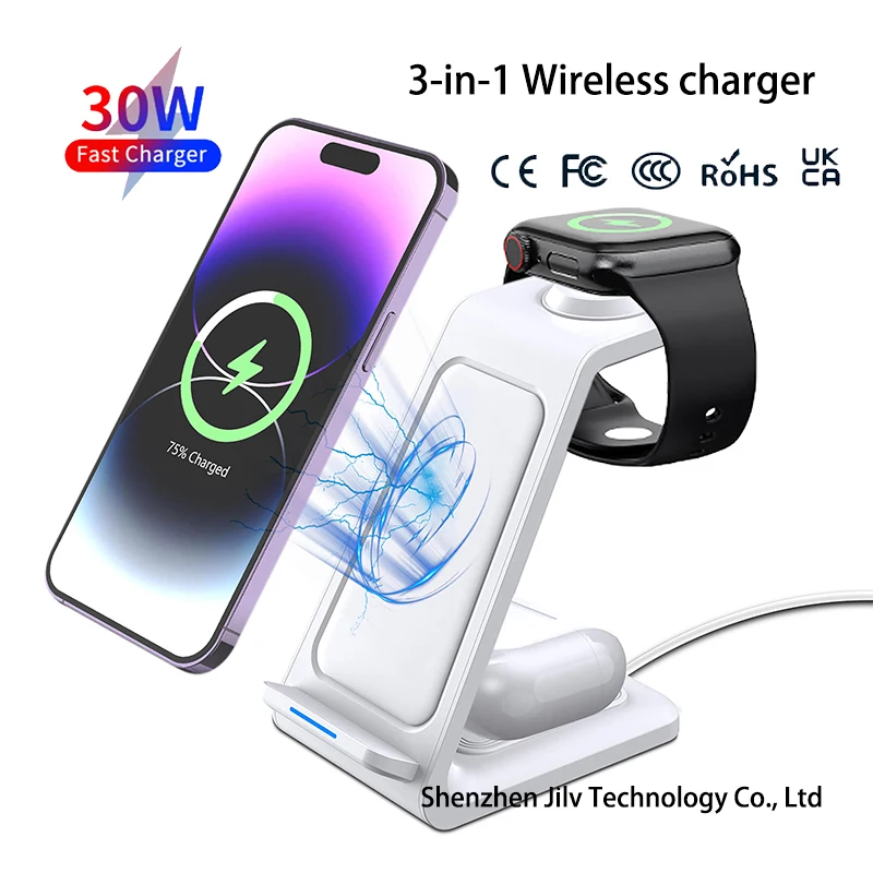 حامل شاحن لاسلكي سريع LED 30 وات محمول 3 في 1 محطة شحن لهاتف iPhone 15 14 13 12 11 Apple Watch 9 8 7 6 Airpods Pro