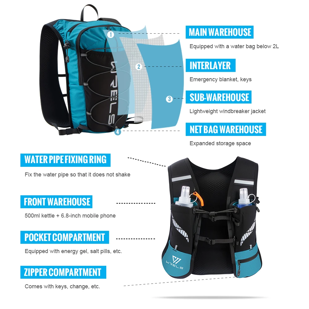 WRELS 8L Running Hydration Vest Backpack Trail Racing Marathon Hiking Fitness Bag Ultralight Backpack Hydration Vest Pack