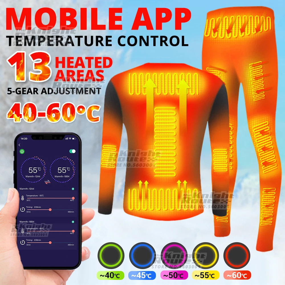 

Winter 13 Area Heated Jacket Men Thermal Underwear APP Control Ski Moto Suit Heated Vest Heating Clothing Warm Fleece Long Johns