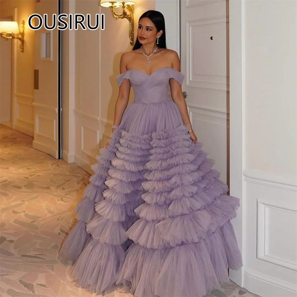 OUSIRUI Charming Off-Shoulder Tulle Tiered Princess A-line Bridal Prom Dress Backless Court Holiday Prom Gown robe de mariée