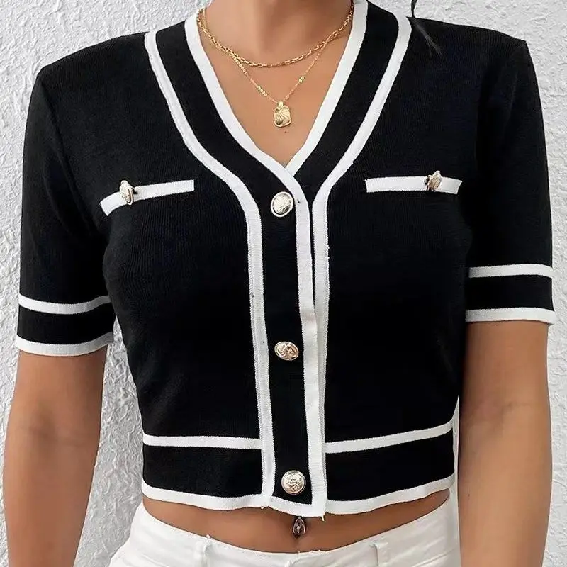 

2025 Spring Summer New Cardigan Knitting Buttons T-Shirts Ladies Fashion Patchwork Slim V-neck Short Sleeve Tops Women Clothes