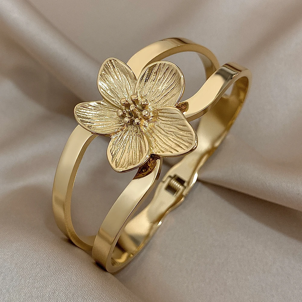 316l Edelstahl vergoldet Manschette Armreif für Frauen Mode große Blume klobige Armbänder wasserdichten Schmuck