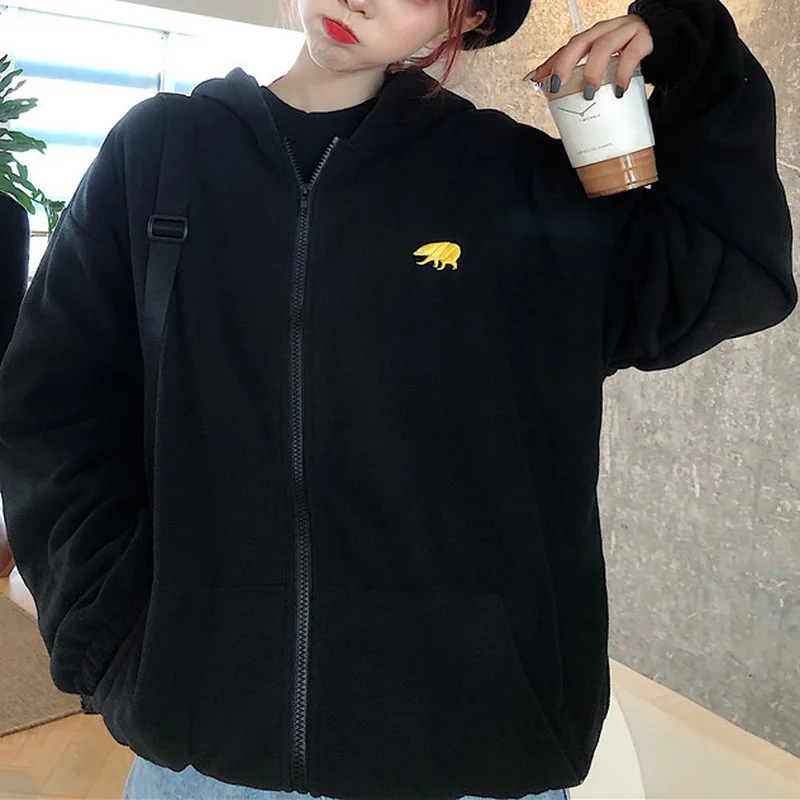 Winter Women's Polar Fleece Hoodie Tops Autumn Korean Fashion Animal Embroidery Printing Sweatshirt  Loose Plush Zipper 2023 New