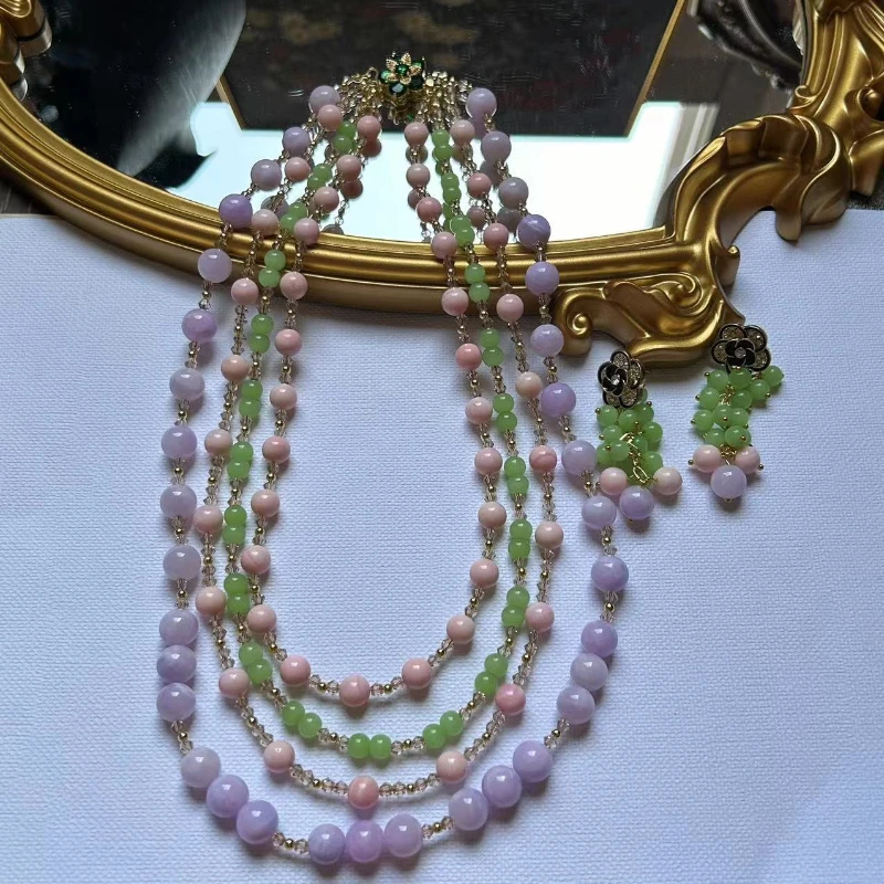 

Fashion Multilayer Pink Green Purple Bead Choker Necklace Handmade Vintage Colored Glaze Glass Beaded Eearrings for Women Girls