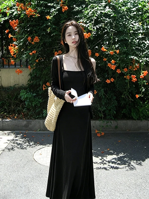 

Elegant Summer Women's Long Dress Set Sun Protection Cardigan Double Shoulder Strap Two-Piece Outfit High Waist Slim Fit