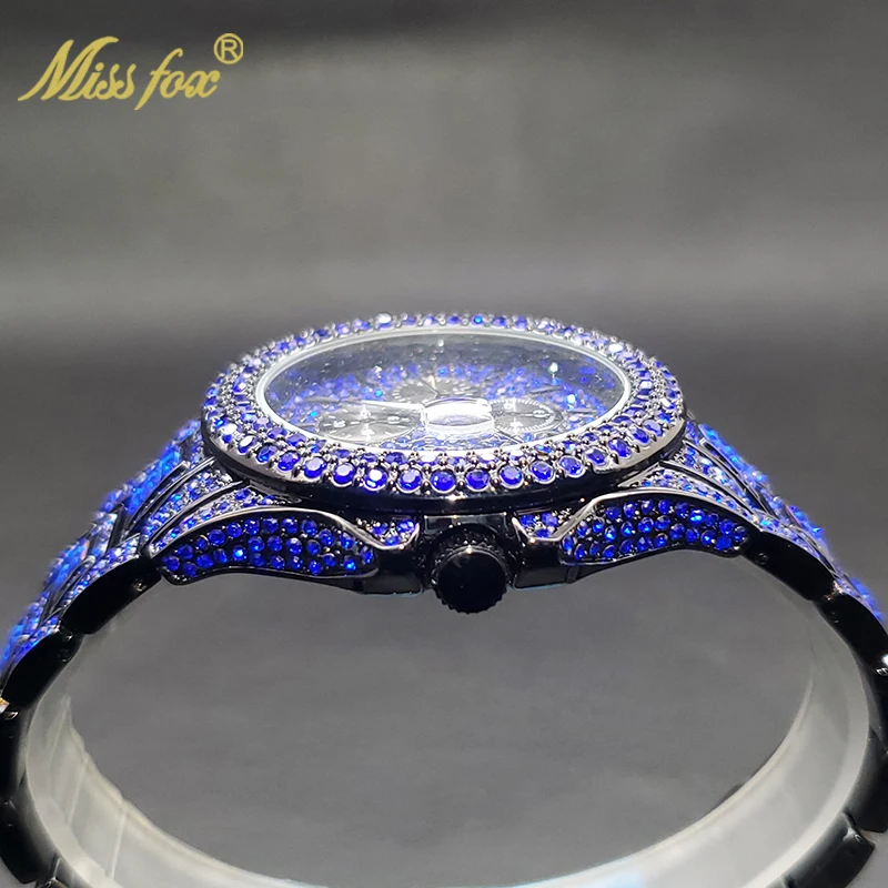 Blue Iced Out Watches For Men Special Trendy Luxury Diamond Quartz Watch For Male Hip Hop Gothic Street Style Clock Dropshipping