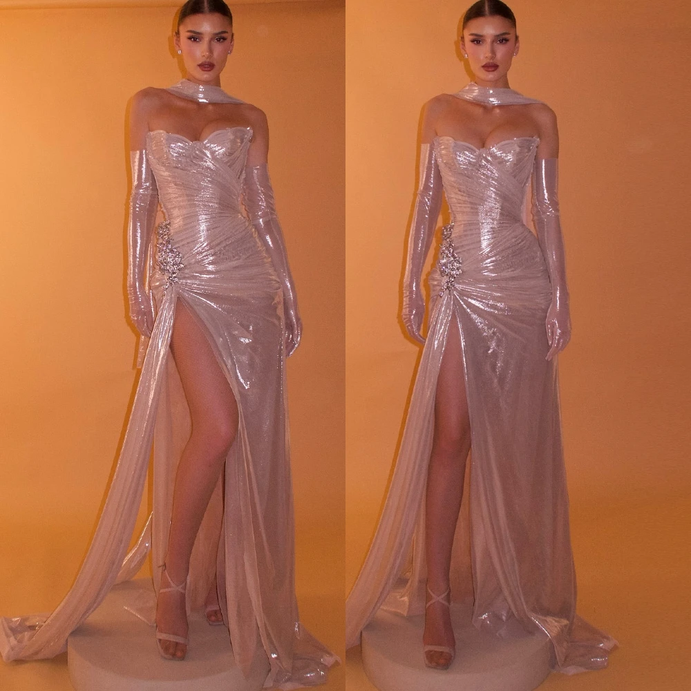 Customized Elegant Strapless Satin Evening Dress Delicate Sweep Train Temperament Long Sleeves Special Occasion Gown