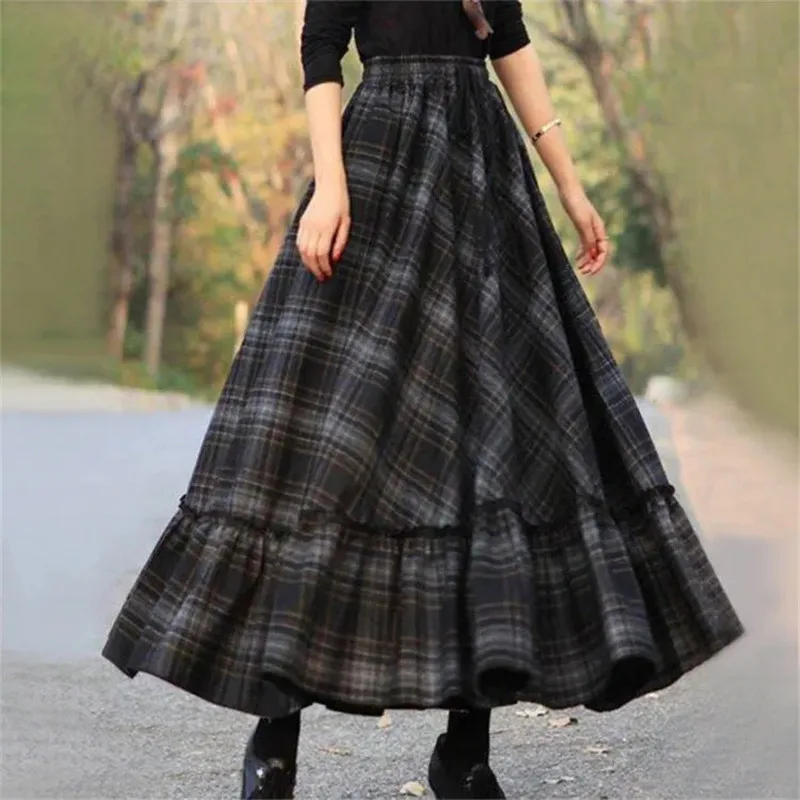 NEW 2024 Fashion Spring Autumn Ladies Skirt Elastic Waist Spliced Simple Giant Swing Long Skirt  Leisure Lattice Women's Skirt