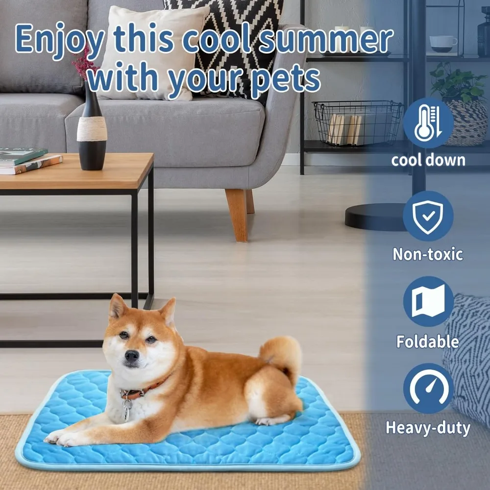 Washable Dog Cooling Mat Ice Silk Cool Mat for Pet Self Comfortable Blanket Dog Pad Blue