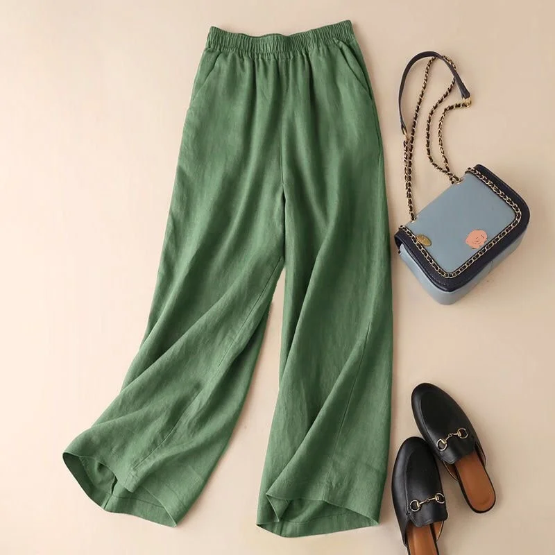 Fashion Full Length Casual Pants for Women Cotton Linen Wide Leg Pants Solid Summer Pants Female Loose High Waist Straight Trous