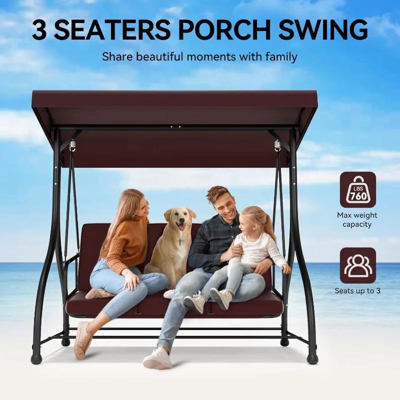 3-Seat Patio Swing Chair Outdoor Porch Swing with Adjustable Canopy, Patio Swings Glider with Removable Cushion for Porch