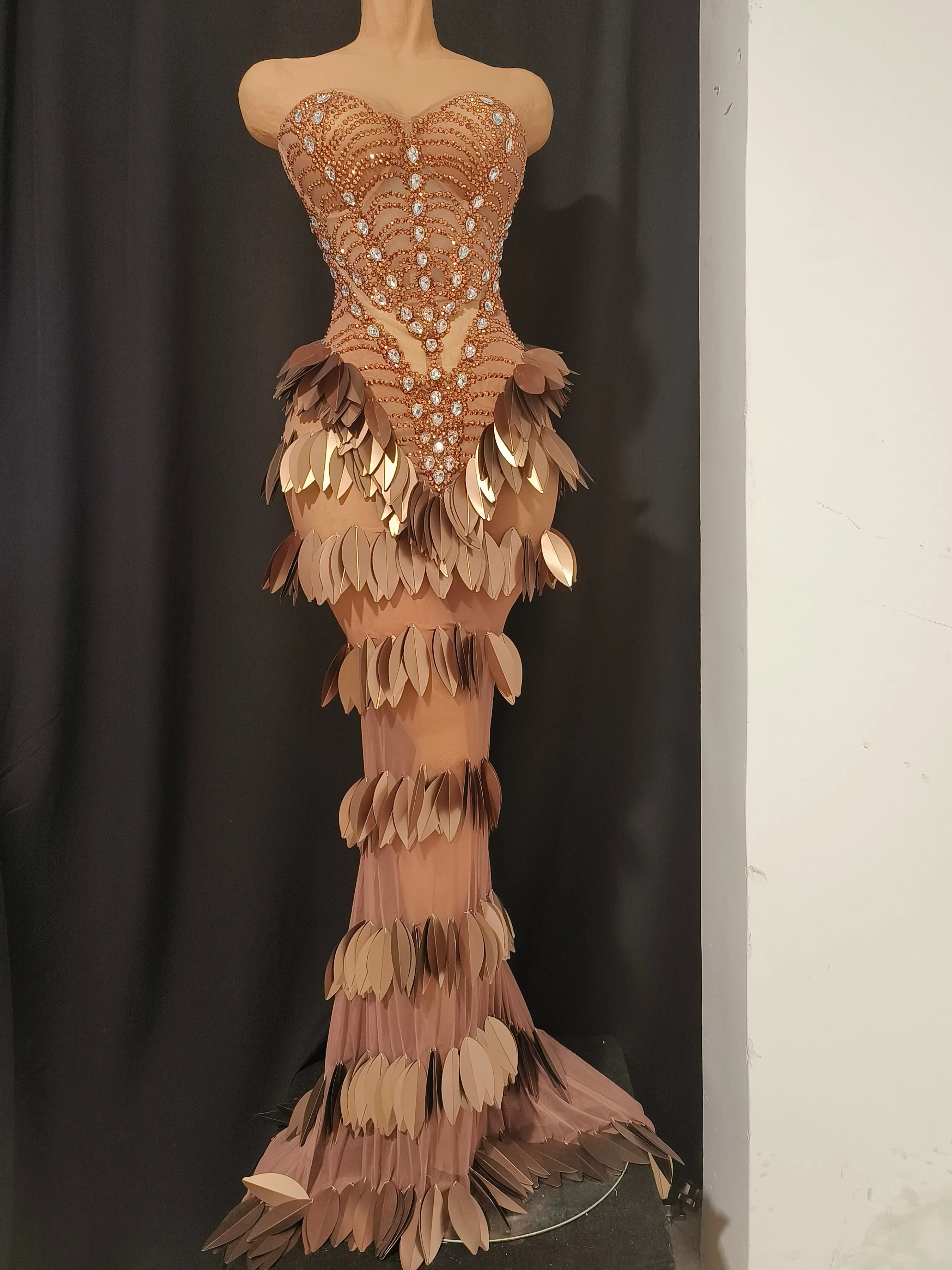 Birthday Evening Celebrate Party Nightclub Bar Show Stage Wear Sexy Sparkly Diamonds Leaf Strapless Mesh See Through Long Dress