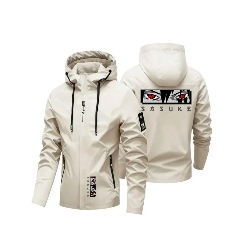 Men Anime Eyes Graphic Hooded Jacket  Windproof Outdoor Windbreaker  Casual Zip Coat for Hiking Daily Travel