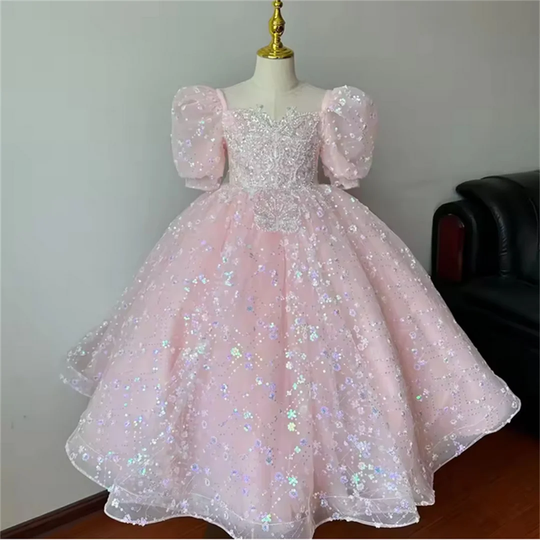 Pink Flower Girl Dresses for Wedding Sequins Beaded Tea Length Girl Kids Birthday Party First Holy Communion Gowns