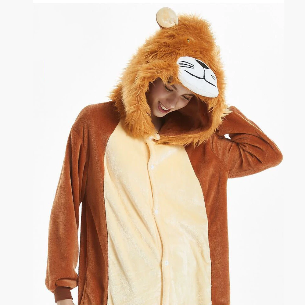 

Halloween Cosplay Brown Lion Hooded Flannel One-piece pajamas Cartoon Button Onesie Couple Sleepwear Comfortable Leisure wear