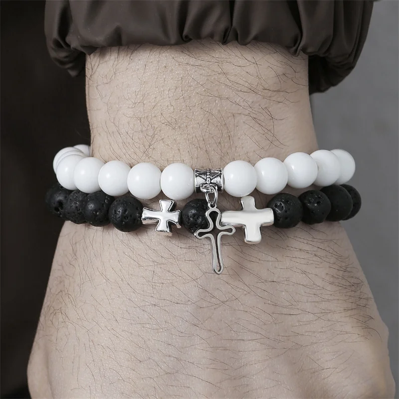 2Pcs/Set Classic Design White Pine Matte Stone Cross Astronaut Yoga Beaded Bracelet Two-piece Sets Elastic Rope Jewelry