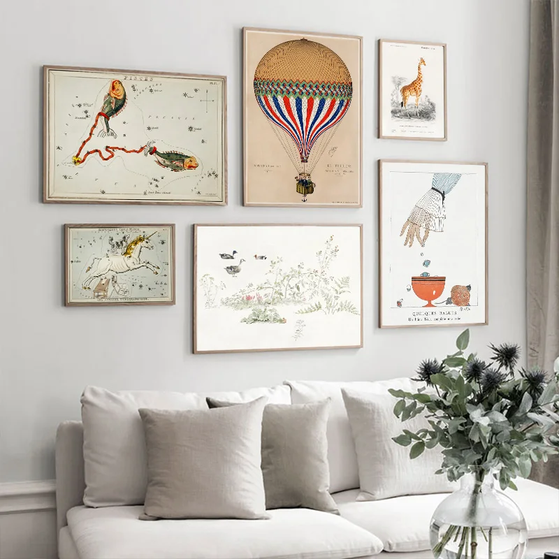 Astronomy series science canvas painting vintage hot air balloon poster giraffe wall art home living room corridor decoration