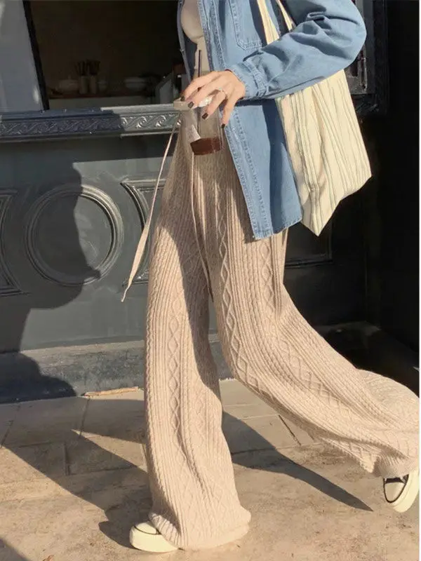 Knitted Thickened Fried Dough Twists Casual Straight Trousers Women Autumn Winter High Waist Loose Wool Wide Leg Pants Mop Pants