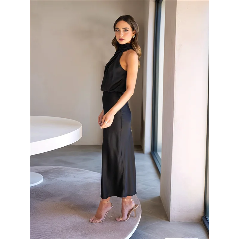 A18P-여성 2025 여름 새틴 드레스 우아한 민소매 목넥 칵테일 파티 맥시 드레스