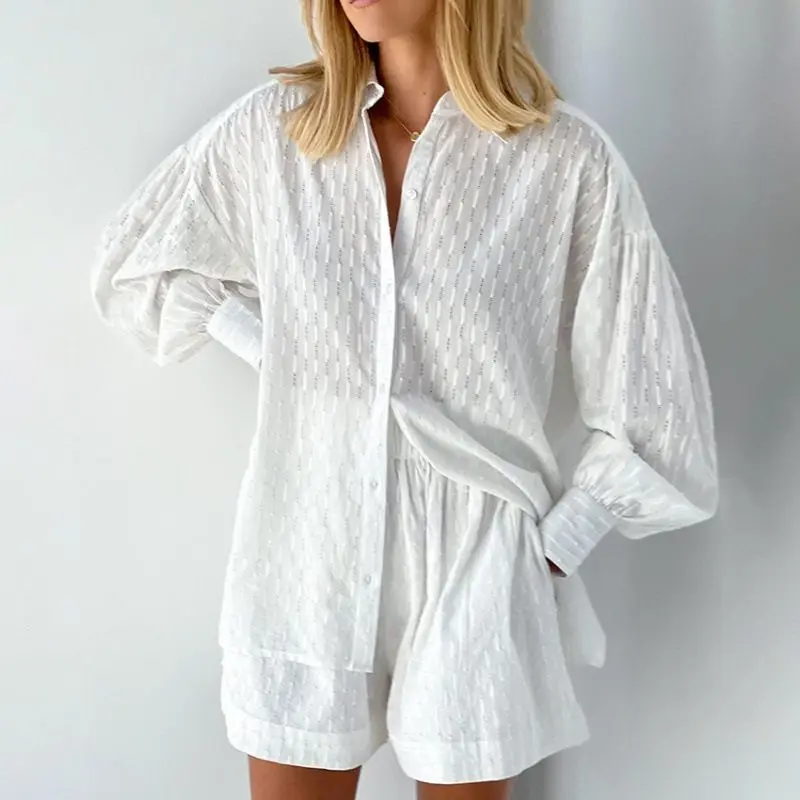 

Summer Women Outfit Two-piece Sets Long Sleeves Long Shirt Shorts High-waisted Stretch Jacquard Design Casual Suit White Pink