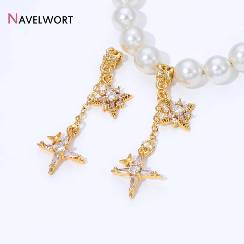 18K Gold Plated Brass Zircon With Large Hole Beads Star Charms Pendants,For Bracelets Making,DIY Jewelry Accessories