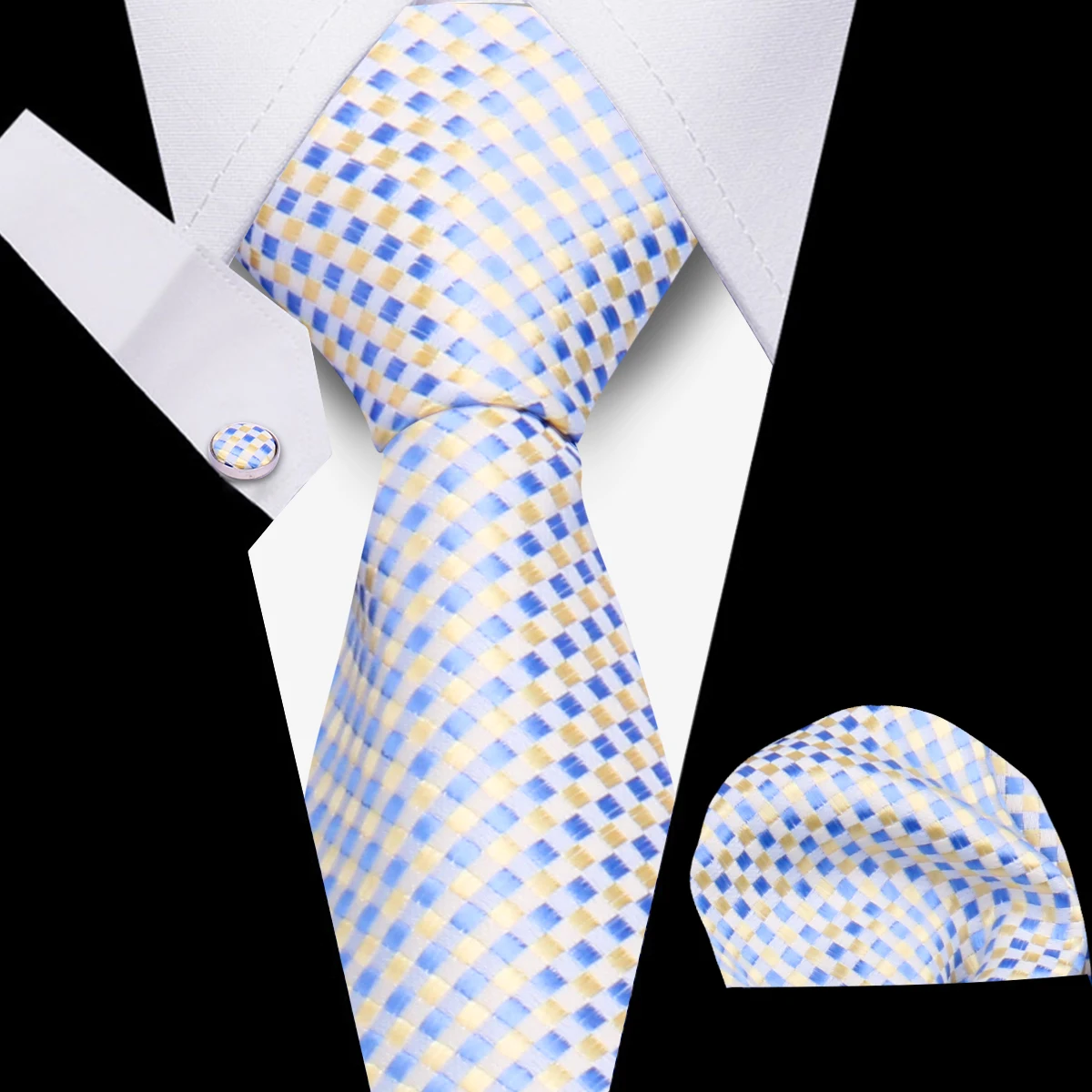 Luxurious Brand Designer Ties For Men Polyester Checkered Stripe Cufflinks Handkerchief Office Wedding Accessories Necktie Set