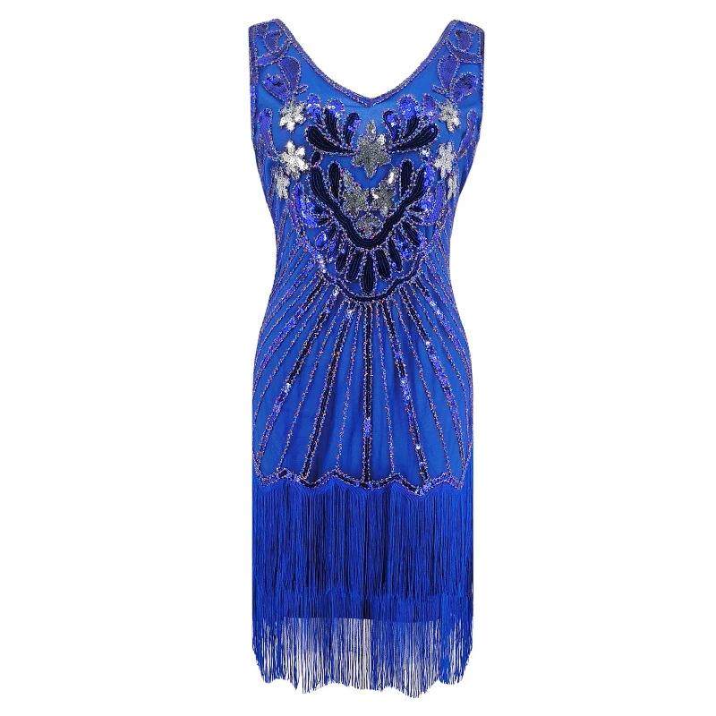 Women 1920s Flapper Dress V Neck Colorful Beaded Fringe Dress Great Gatsby Sequin Dress Roaring 20s Speakeasy Party Costume