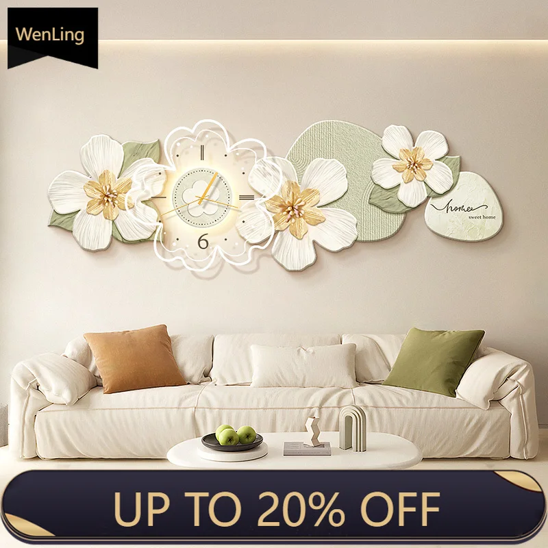 Cream Wind Living Room LED Light Painting Abstract Texture Painting Art Flower Mural Lamp With Clock Painting Sofa Background WA
