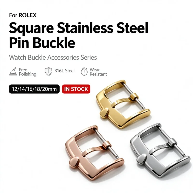 Premium Square Pin Buckle for Rolex Leather Strap 12-20mm Polished Stainless Steel Silver Gold Rose Gold Replacement Watch Band