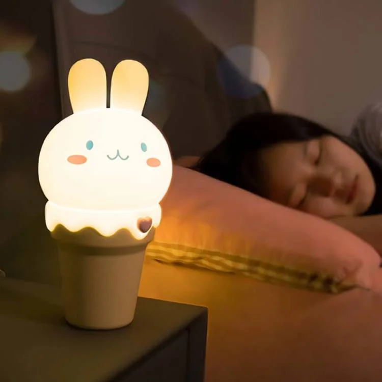 Lampu malam kartun samping tempat tidur, lampu tidur es krim kelinci lucu dan lucu, lampu kamar tidur pelindung mata multiwarna, perempuan silikon