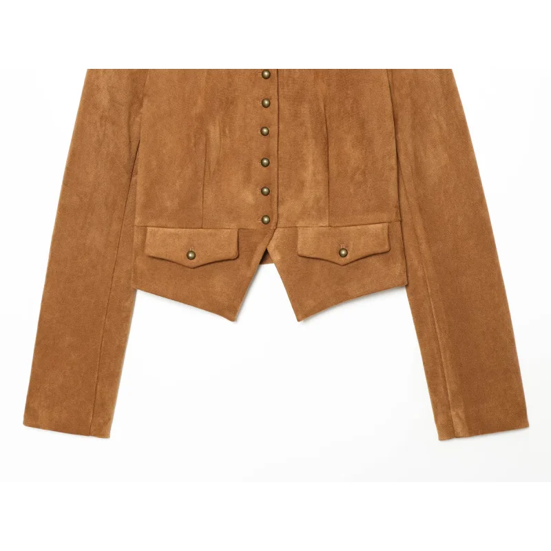 2026 Neue Damen Kunstwildleder Kurze Jacke Einreihig Langarm Epauletten Tasche Schmal Geschnitten Unregelmäßiger Saum Vintage Militärstil – Detail 9