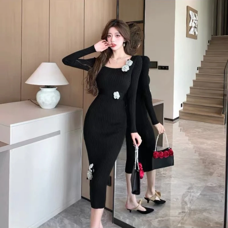 Square Neckline Women's Crochet Dresses Party Casual Retro Korean Clearance Sale New in Harajuku Fashion Prom Female Knit Dress