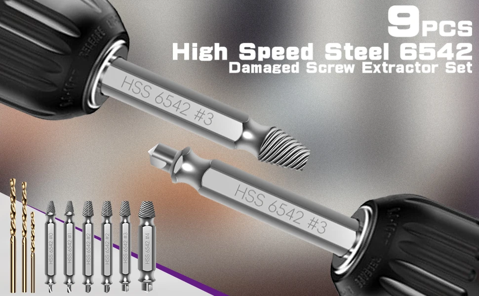 9-teiliges Hartmetall-Schraubenausdreher-Set, 3-Größen-Bohrer für gebrochene/gestreifte Schrauben, DIY-Haus-/Auto-Reparatur – inklusive Geschwindigkeitsabsauger – Detail 1