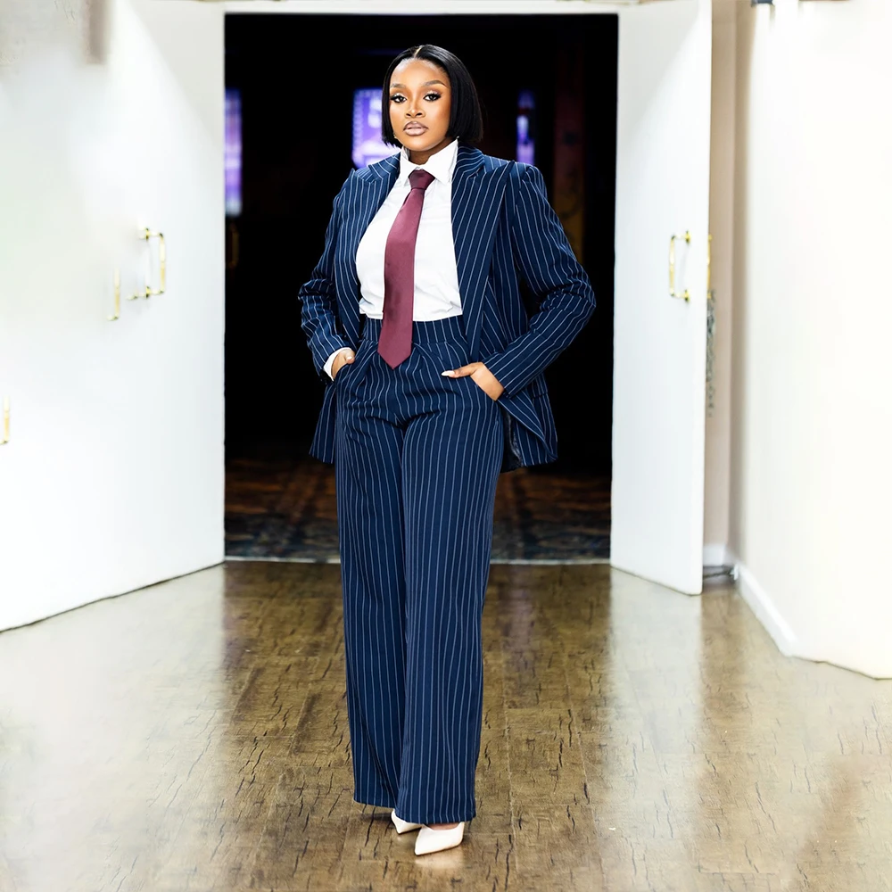 

Темно-синий женский костюм в полоску с острыми лацканами, двубортный, для свадьбы, деловой пиджак + брюки, на заказ