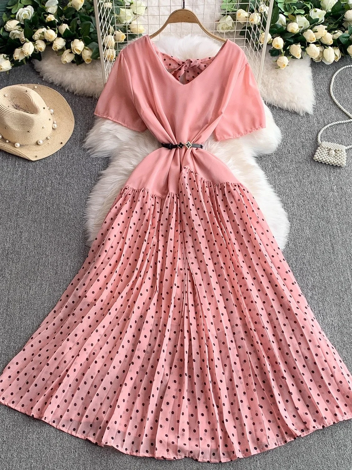 Retro Rode Polka Dot V Ne ort Sve Dames Dr 2025, Nieuwe Taille Cinching Afslanken Geplooide Maxi Rok Koreaanse Sle Pendelen