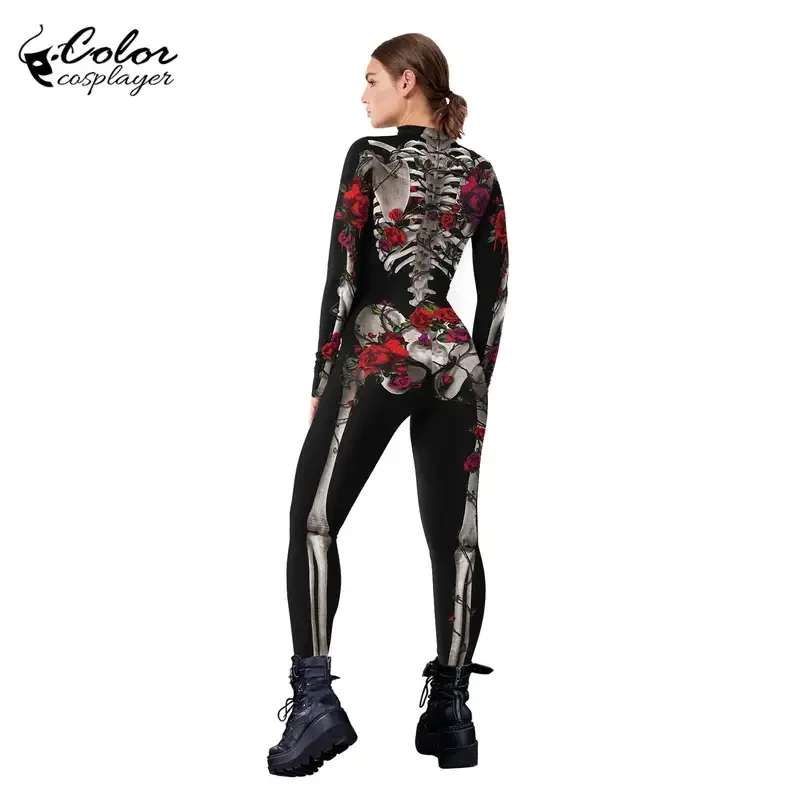 Kleur Cosplayer Halloween Skeleton Jumpsuit Gothic Rose Patroon Romper Carnaval Heks Ghost Cosplay Kostuum Partij Zentai