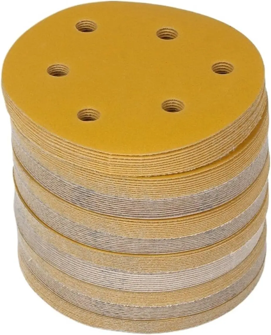 

100PCS 5 Inch 6 Hole Yellow Sanding Disc With Hook Loop Sandpaper 60-800 Grits Grinding Abrasive Tools Accessories