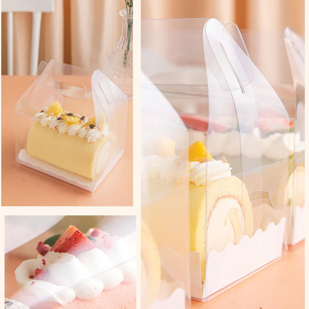 

6pcs Handheld Cake Box Transparent Roll Cake Container With Tray Portable Self-Locking Bottom For Party Favors Wedding