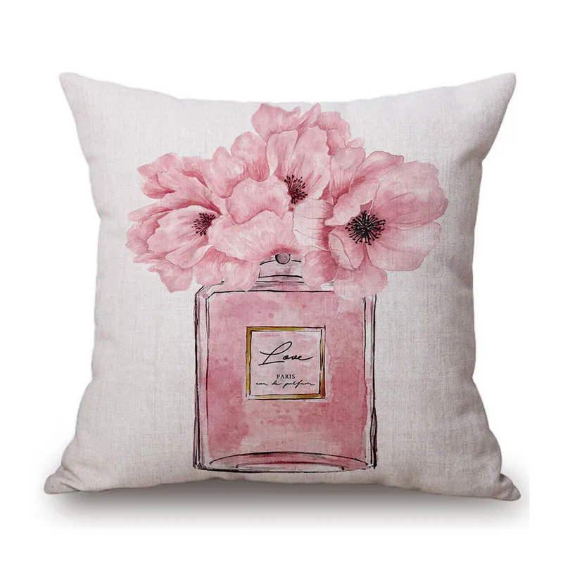 Pink Rose Flower Perfume Bottle Elegant Lady Living Room Decorative Cotton Linen Sofa Throw Pillow Case Luxury Art Cushion Cover