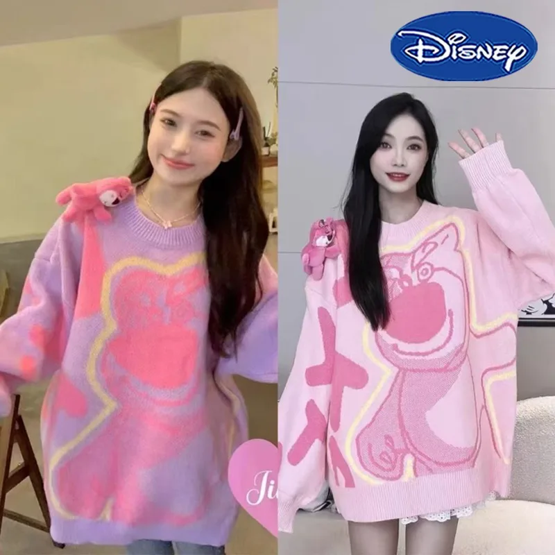 Disney Lotso Sweaters Cartoon Woman Round Neck Knit Top Autumn Winter Loose Print Knitted Sweatshirt Fashion Pullover Undershirt